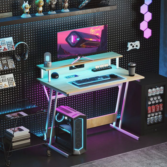 Bureau gaming avec lumières LED 100 x 60 cm naturel prises de courant support moniteur étagères et télécommande