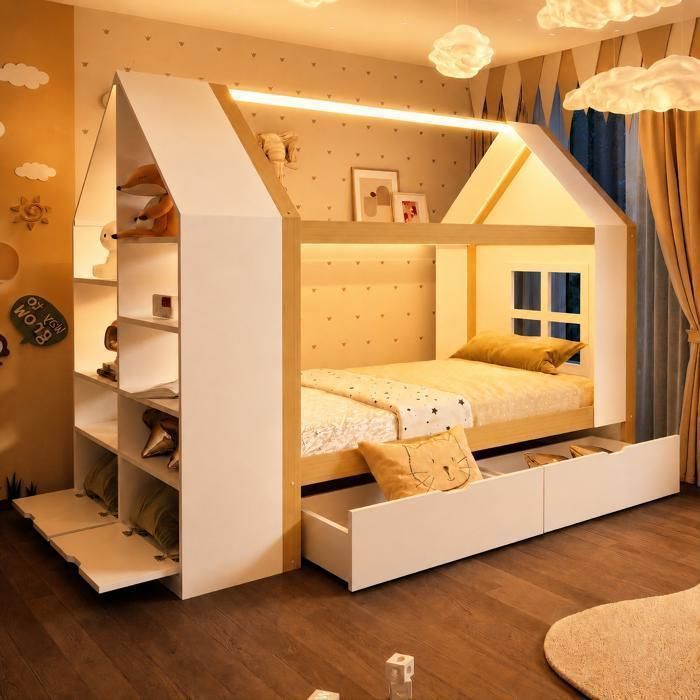Lit Enfant 90x200 cm - Lit cabane - Lit Simple avec rangement -avec 2 tiroirs et LED - avec Sommier à Lattes -naturel