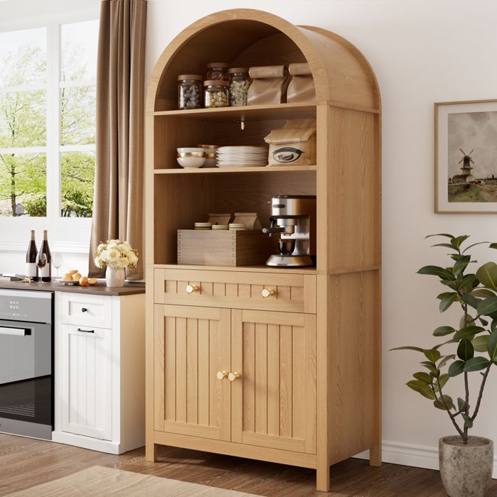 Vaisselier Cintré Buffet Haut en Bois de Cuisine Meuble Café avec Portes Persiennes et Étagères à Épices Intégrées Vaisselier Cintré Buffet Haut en Bois de Cuisine Meuble Café avec Portes Persiennes et Étagères à Épices Intégrées