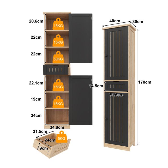 Buffet de cuisine 2 portes 1 tiroir 170 x 40 x 30 cm 4 tablettes réglables armoire MDF naturel et noir ORVRYN
