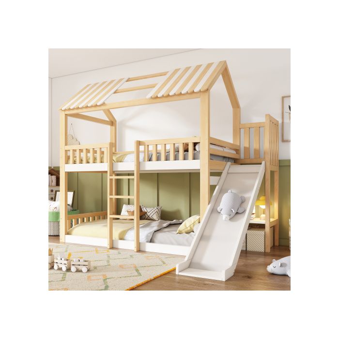Lit superposé cabane - SOGEU - AB30614678A - 90x200 cm - Pin massif blanc/naturel - Toboggan & étagère intégrée