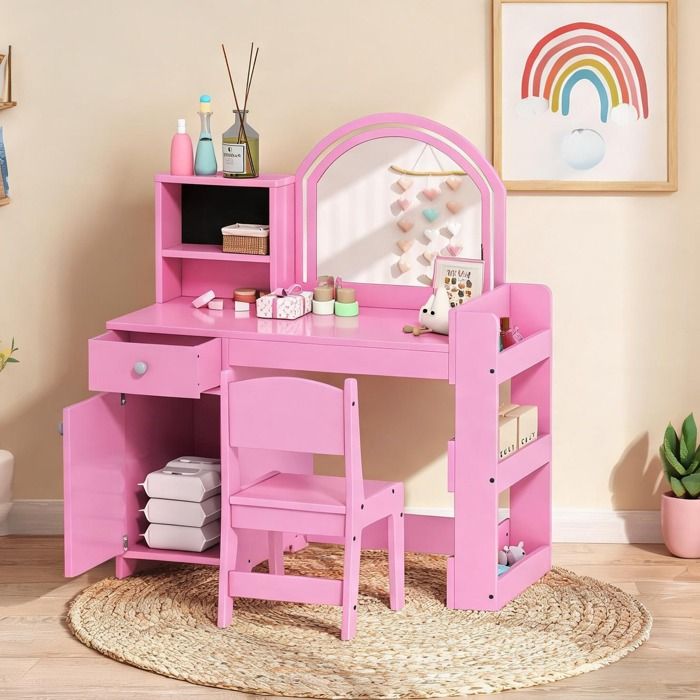 Coiffeuse enfant en MDF rose avec miroir LED et tabouret 88 6x38 8x96 9 cm rangements multiples