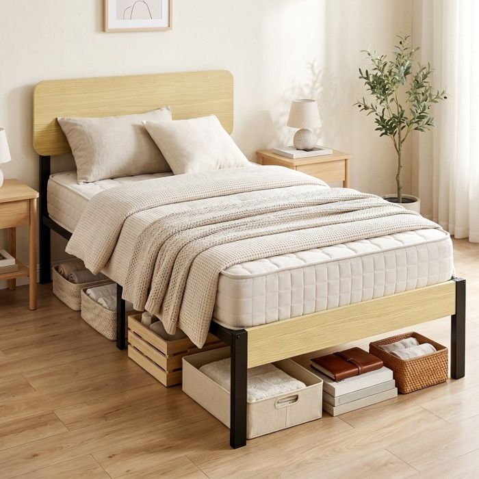 Sommier 1 place 90 x 200 cm a lattes avec tete de lit structure en metal et rangement sous le lit