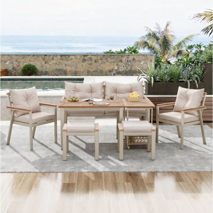 Ensemble table et chaises de jardin AESVAR 6 personnes avec desserte à roulettes bois d’acacia et beige