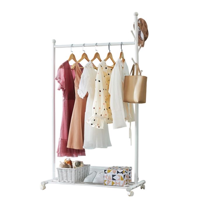 Portemanteau sur Roulettes - Portant à Vêtements Robuste - Étagère inférieure – Crochets à chapeaux - Idéal chambre entrée - Blanc