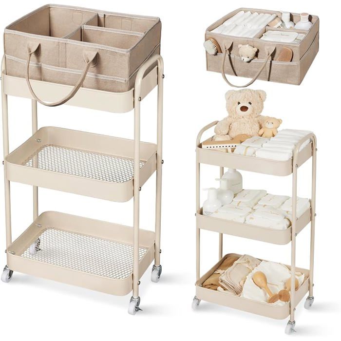 Desserte à Roulettes avec Panier Rangement BébéChariot de Rangement 3 NiveauxSac a Langer Bebe PortableRangement Table (Marron)