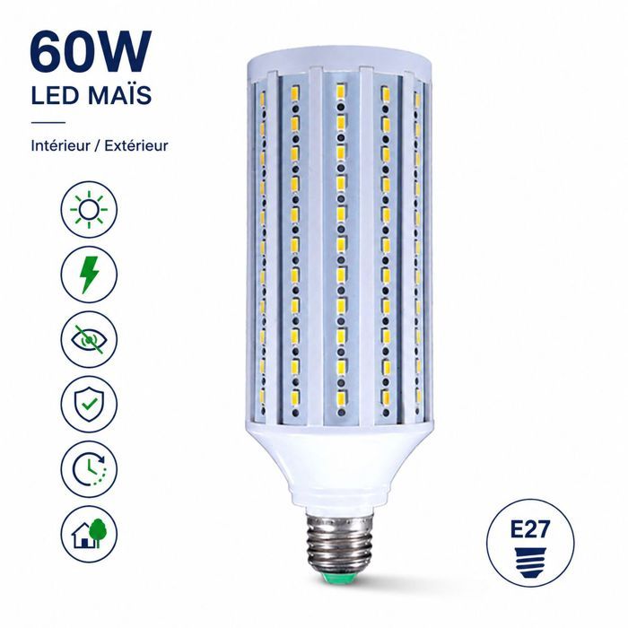 Ampoule LED E27 – 60W Haute Lumière Anti Scintillement – Intérieur Extérieur Garage – D74xL210mm Blanc