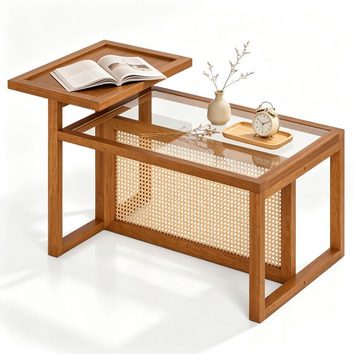 GIANTEX Table Basse en Verre Rectangulaire Bohème Cadre en Bois Diviseur en Rotin PE Charge 100 KG Table dAppoint pour Salon