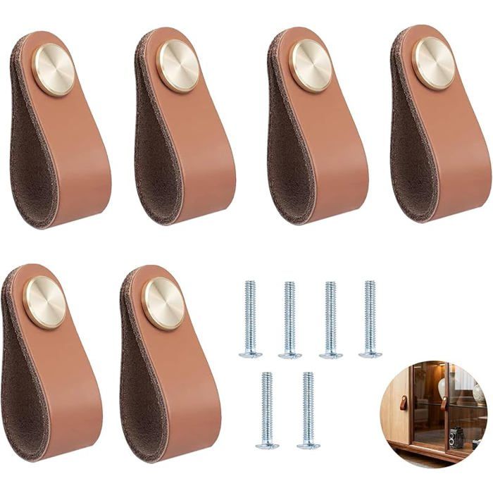 Pack de 6 Pièces Poignées Meuble Cuir Bouton de Pcard en Cuir pour Tiroirs Poignées de Meubles en de Cuisine et