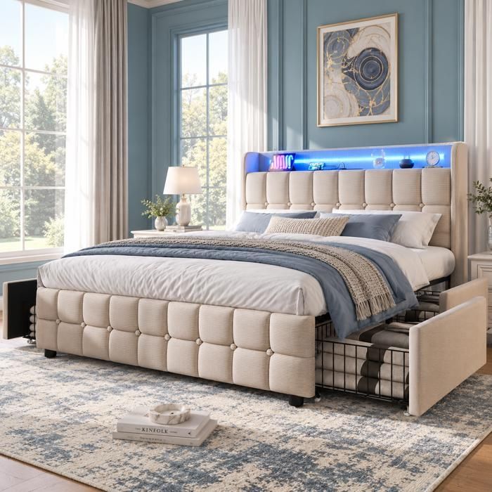 Lit double 140x190 en lin avec éclairage LED et Charge USB - Lit coffre adulte avec 4 tiroirs de Rangement - sommier à lattes -beige