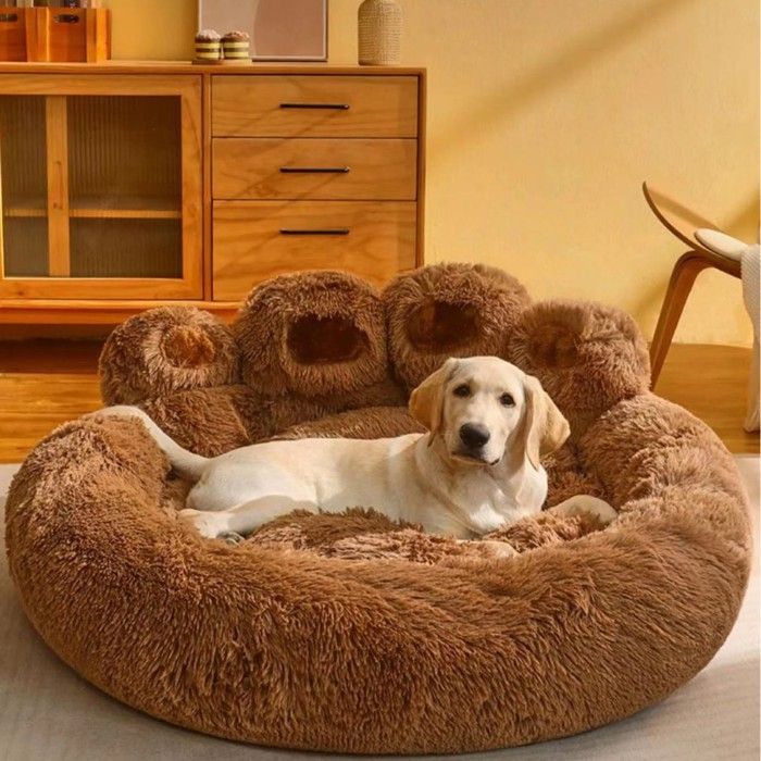 Panier pour chien chat forme patte XL diamètre 70 cm couleur marron chaud nid moelleux en peluche polaire hiver confortable