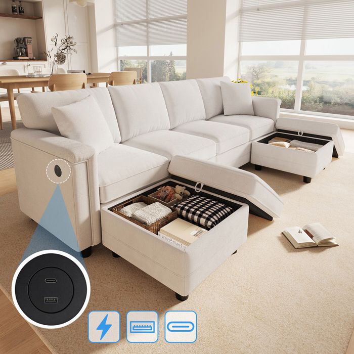 Canapé modulable 4 places 261x134x82 cm en chenille avec 2 poufs coffre USB/USB-C convertible en L ou U - Beige