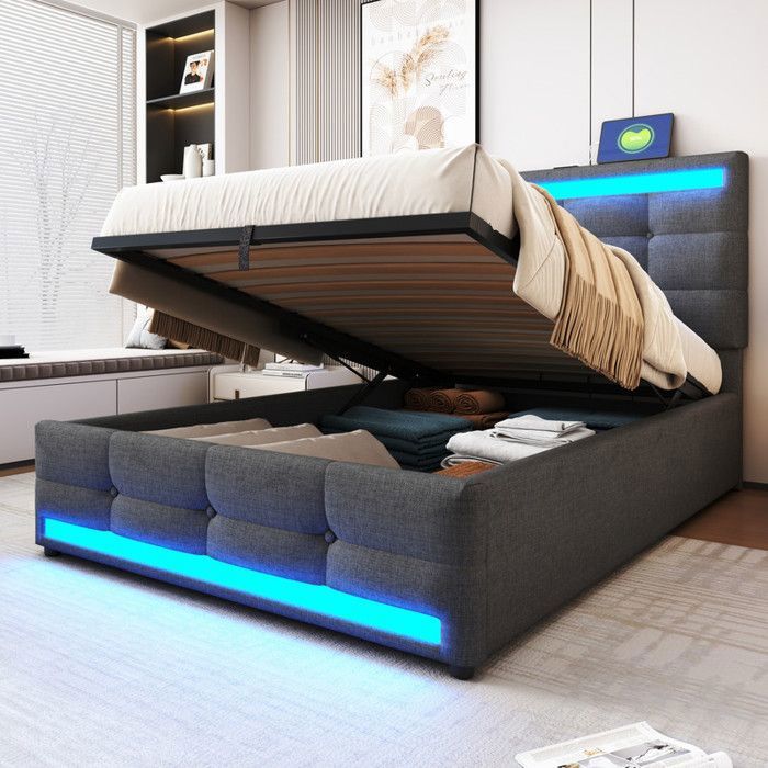 Piaenon - Lit coffre Lit enfant 90x200 cm Lit simple avec coffre hydraulique LED RGB USB et - Lin - Gris