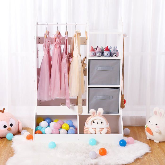 JoyGarden Armoire de jeu enfant avec miroir éclairé porte-vêtements et rangement intégré blanc