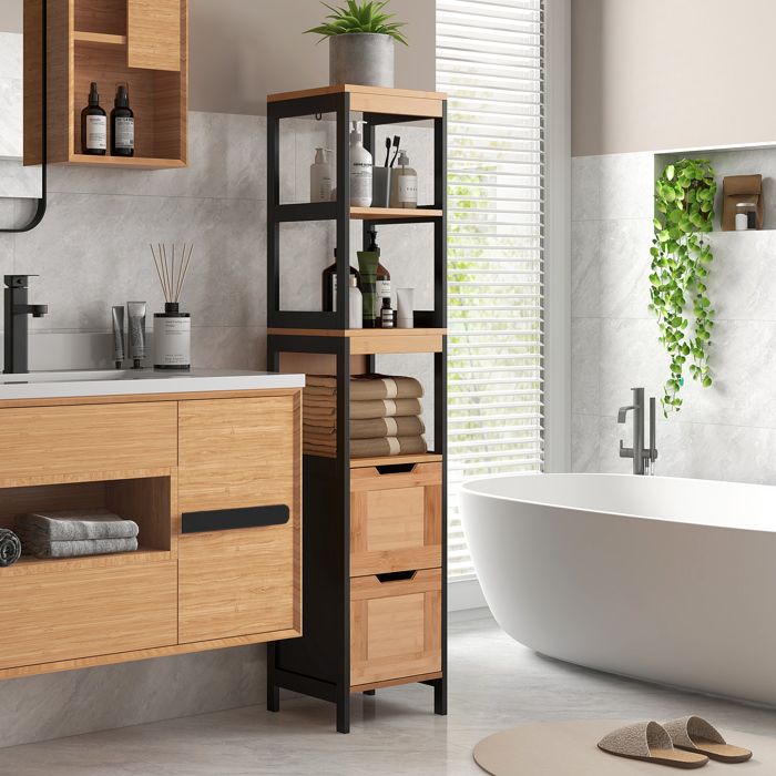 Armoire haute de salle de bain 30 x 30 x 144 3 cm noir et naturel 3 étagères et 2 tiroirs style moderne