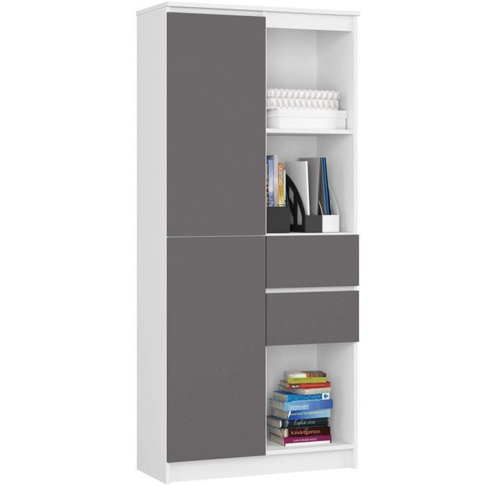 Bibliothèque de bureau AKORD R15 Blanche 80 cm 1 porte 2 tiroirs façade Gris Graphite 7 étagères 80x35x180 cm