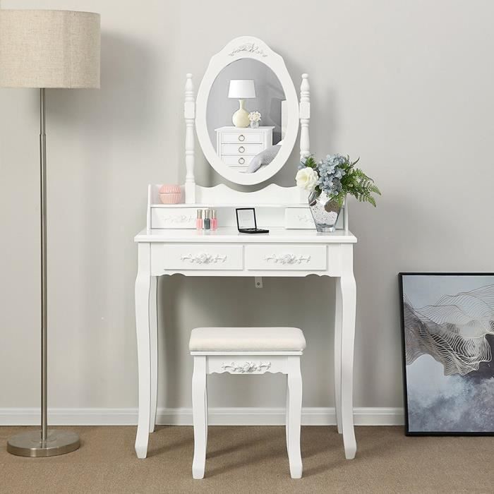 coiffeuse - style nordique - blanc - miroir pivotant - 4 tiroirs