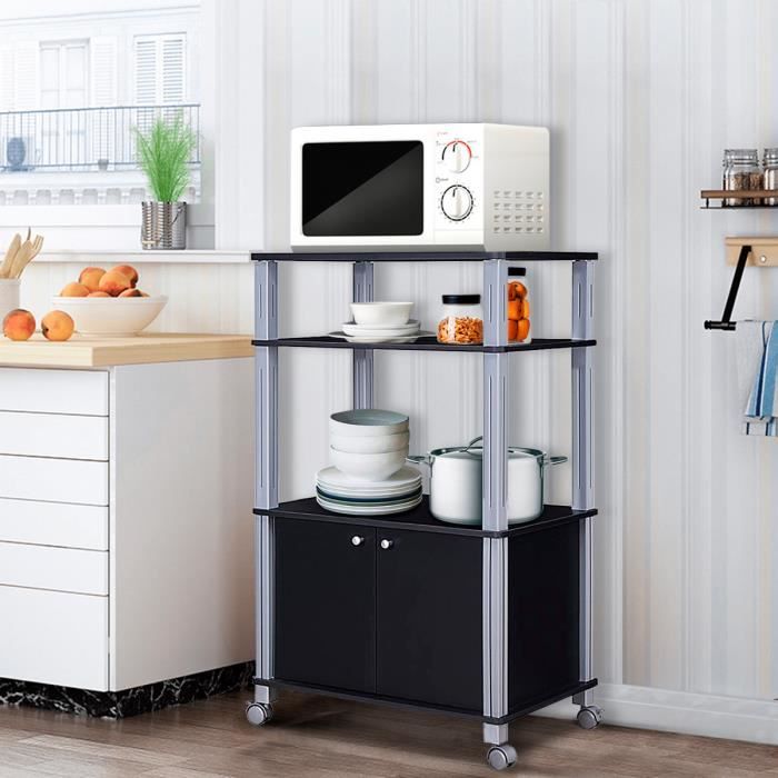 Meuble pour Micro Onde Étagère de Cuisine pour Four en Bois avec 3 Couches Roues 60 x 40 x 98 CM Noir