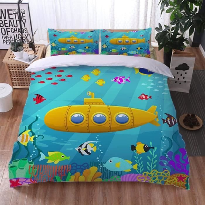 Housse de Couette Poisson de Fond Bleu, Parure de Lit Imprimée 3D