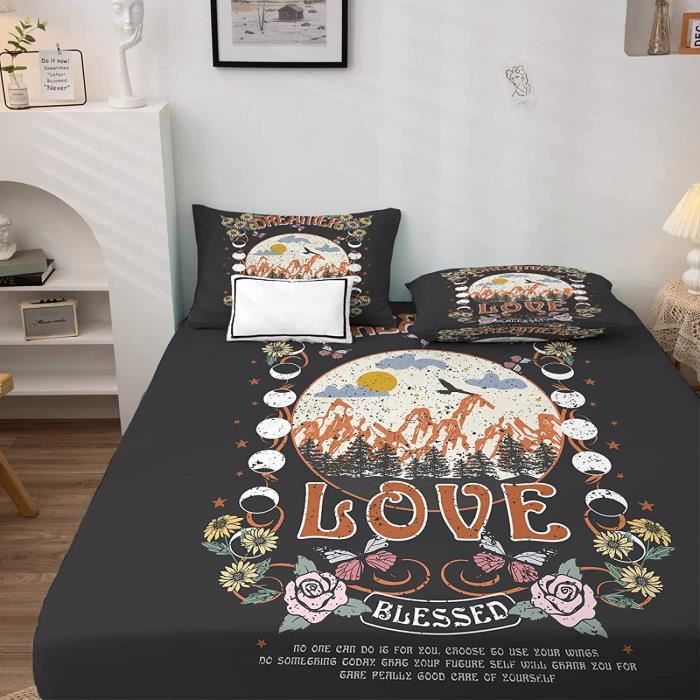 Housse De Matelas 2 Places Bleue Vintage - Motif Floral "Mes Plantes Du Jardin" - Lavable, Fermeture éclair