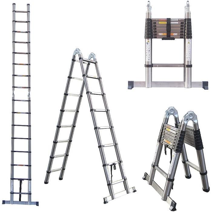 Escabeau-échelle Télescopique WOERTHER 5 M – 16 Marches, Housse + Sac à Outils + Plateforme Inclus