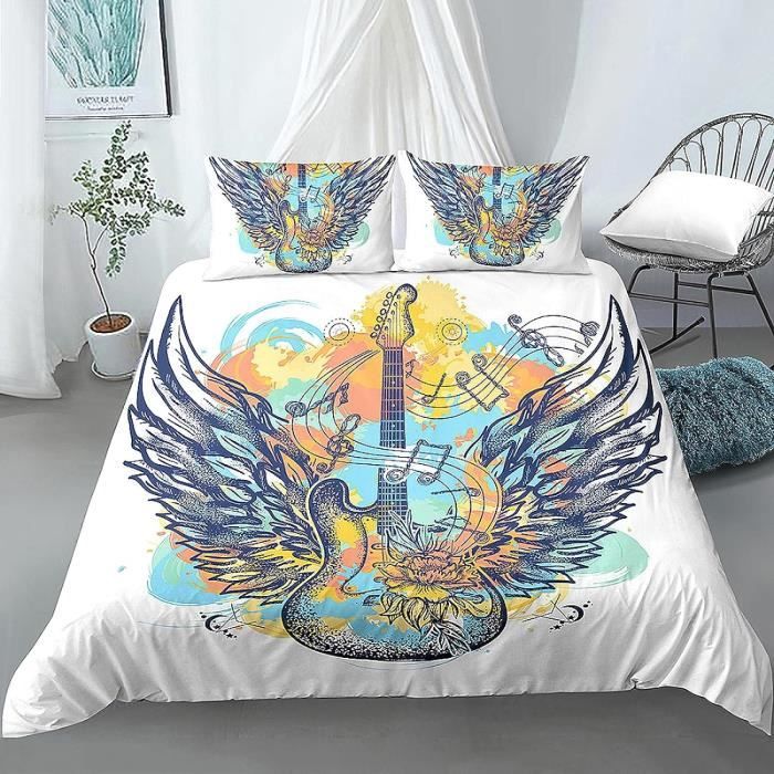 Parure De Lit Housse De Couette 140x200 + Taie 70x90 Cm, Motif Guitare Rock, 100% Coton