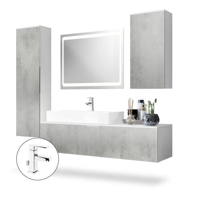 Vladon Ensemble de Meubles de Bains Beach en Blanc Mat façades en Aspect béton oxyde-optique avec miroir LED lavabo et armature