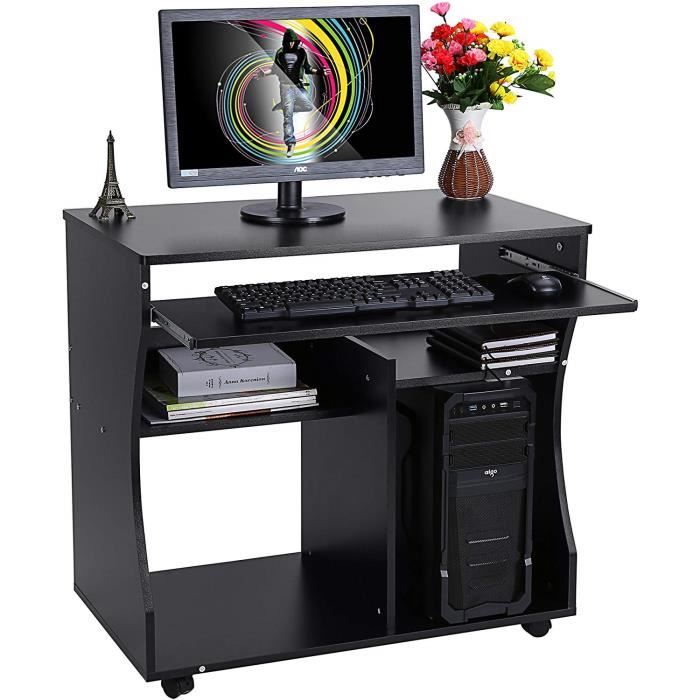 Bureau informatique roulant bureau d'ordinateur table informatique noir  lcd811b Support Clavier Coulissant, 48 x 60 x 73cm - Conforama
