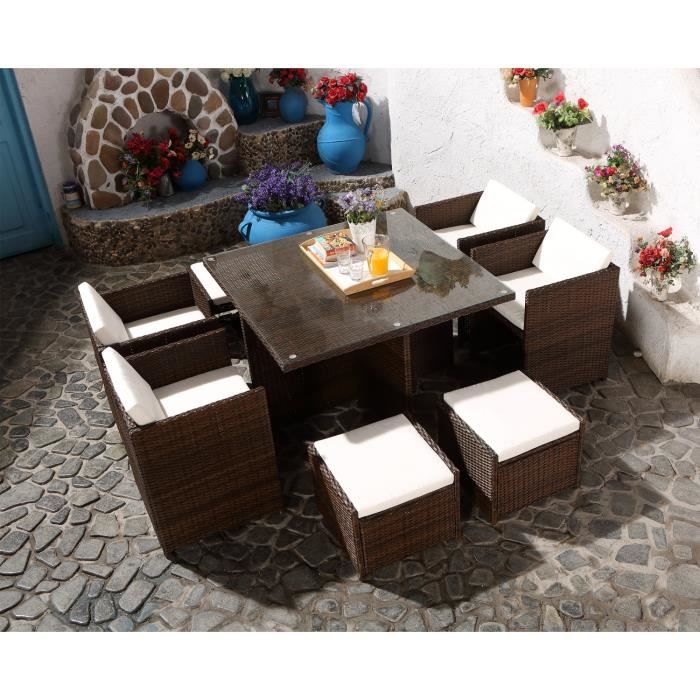 MIAMI - Salon de jardin encastrable 8 personnes en résine tressée Marron/Blanc - 4 fauteuils + 4 poufs
