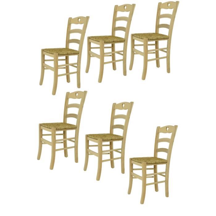 tommychairs - set 6 chaises cuisine cuore, robuste structure en bois d'hêtre poli, non traité, 100% naturel, assise en paille