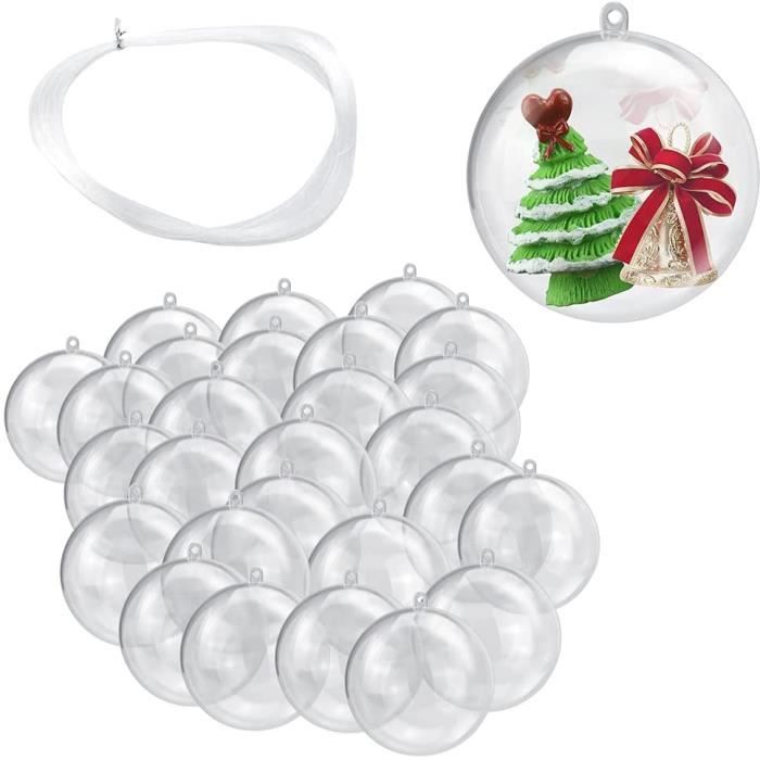 JUNMEIDO 30 PCS Boule de Noël Transparente 4cm Boules Transparentes à Remplir Boule Transparente Plastique avec 50m Fil de Pêche pour Enfants Anniversaire Cadeaux Bricolage Mariage Fête Noel