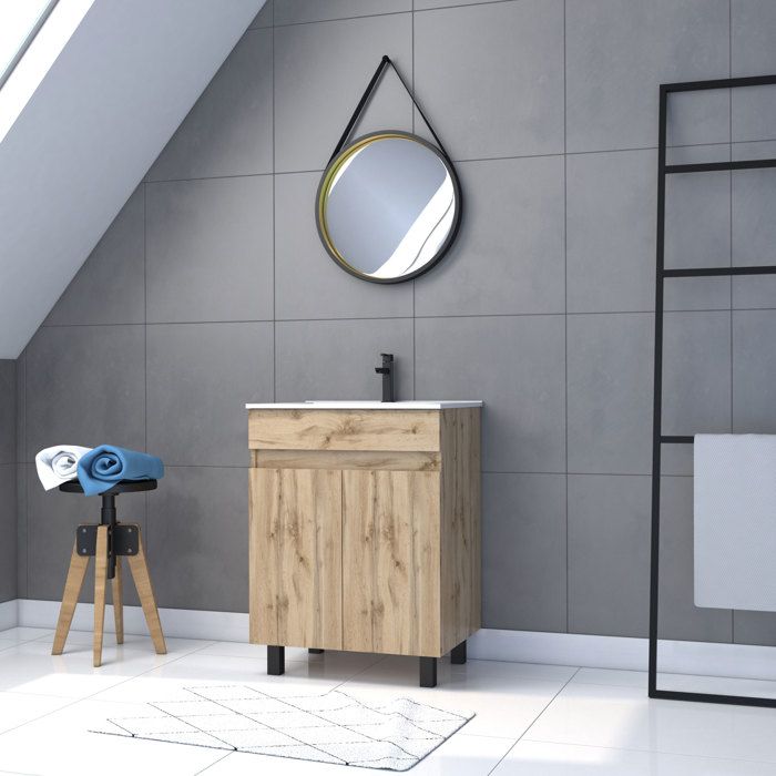 Meuble salle de bain 60x80 - Finition chene naturel + vasque blanche + miroir barber - TIMBER 60 - Pack22