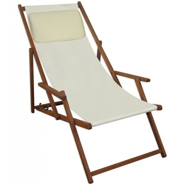 chaise longue de jardin en bois foncé, toile blanc avec oreiller, bain de soleil pliant 10-303kh