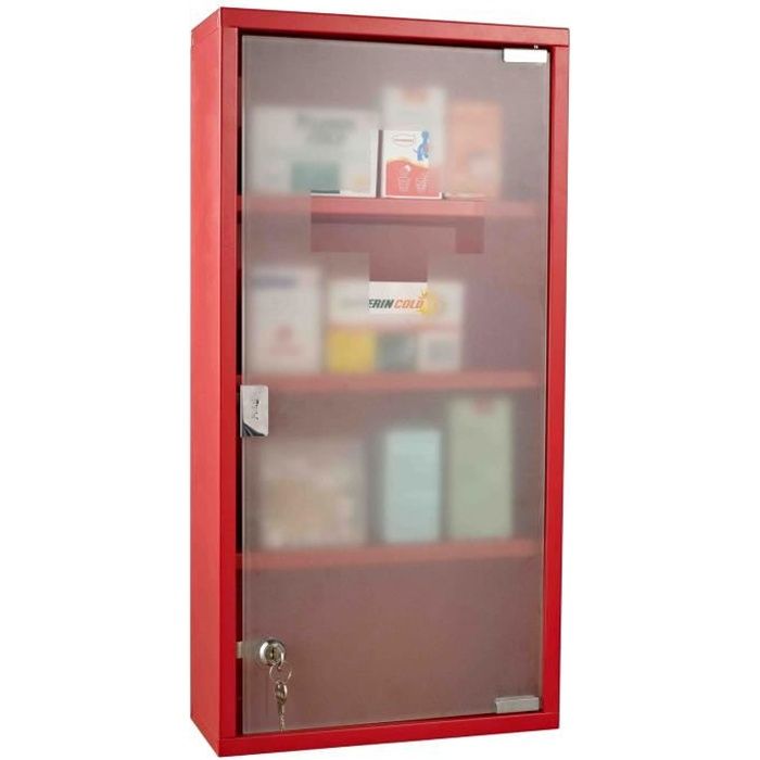 armoire à pharmacie homcom 3 étagères 4 niveaux verrouillable porte verre trempé dépoli logo croix acier rouge