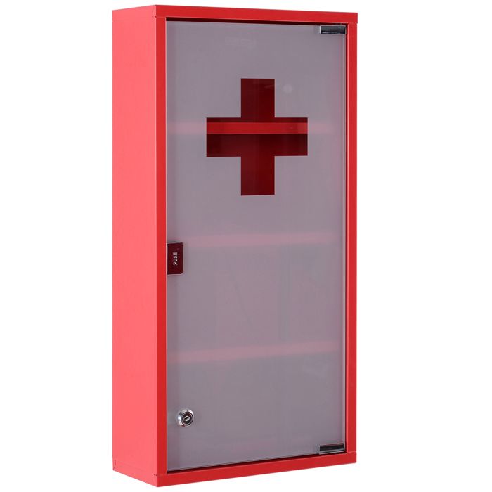 armoire à pharmacie homcom 3 étagères 4 niveaux verrouillable porte verre trempé dépoli logo croix acier rouge