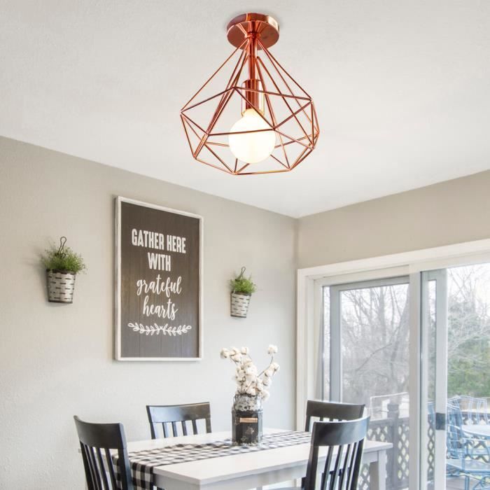 IDEGU Plafonnier Rétro Industriel 20cm Luminaire Abat-jour En Metal Design Cage Diamant Lustre Lampe De Plafond Pour Chambre Salon Couloir (Noir