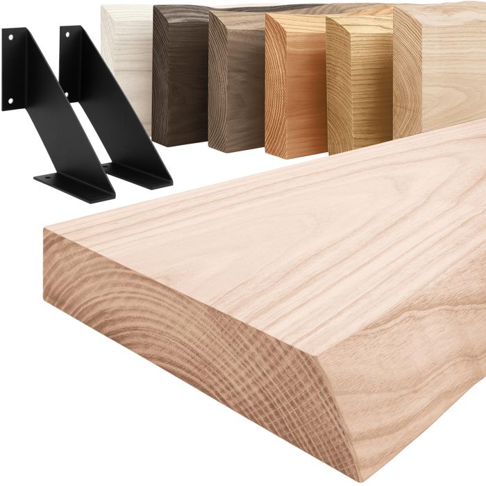 LAMO Manufaktur Étagère murale avec supports en V noirs Etagere 50 cm largeur Couleur: brut Bord: naturel LAMO Manufaktur Étagère murale avec supports en V noirs Etagere 50 cm largeur Couleur: brut Bord: naturel