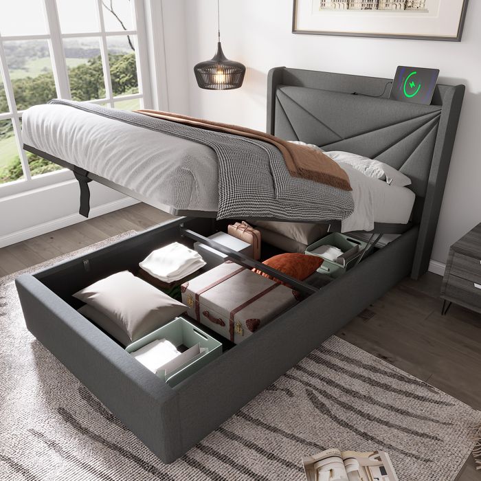 Lit coffre - MODERNLUXE - 90x200cm - Tissu en lin - Port USB - Sommier à lattes Lit coffre - MODERNLUXE - 90x200cm - Tissu en lin - Port USB - Sommier à lattes