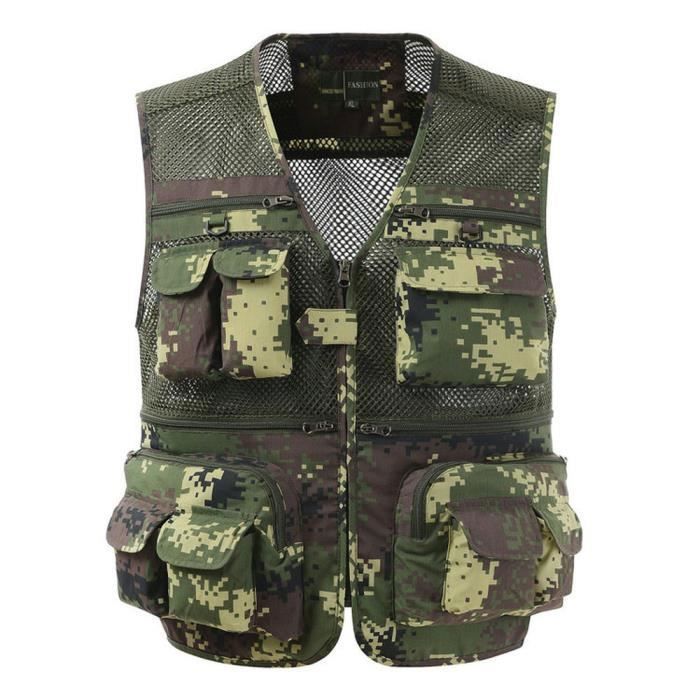 Gilet de Pêche - BDL - Multi Poches - Vert Camouflage - Léger - Respirant - Doublure Polyester