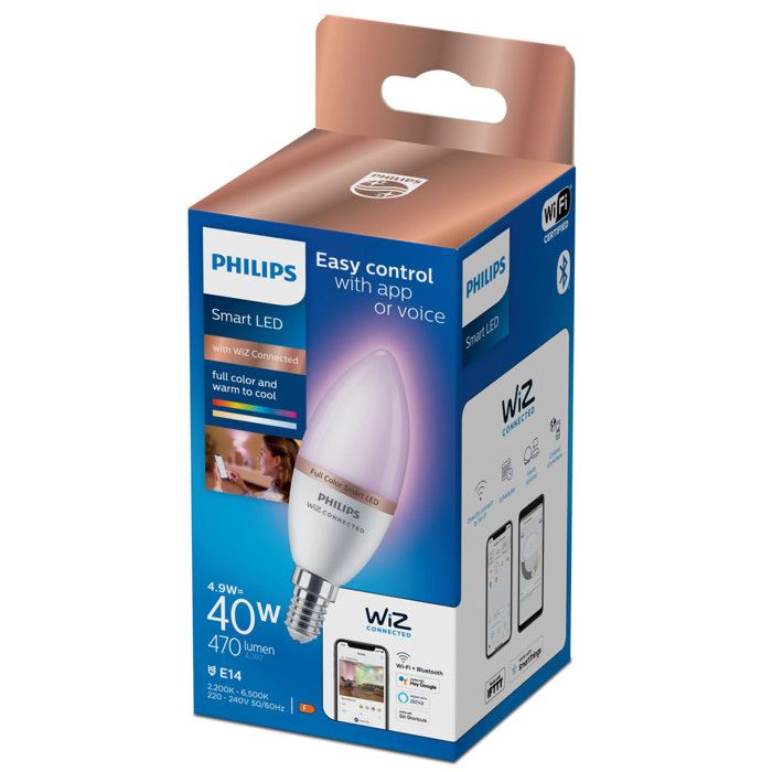 Ampoule LED bougie connectée PHILIPS - WIZ - EyeComfort - multicolore - 49W - 470 lumens - E14 - 93208