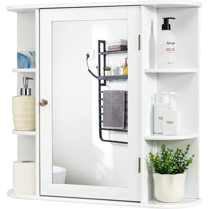 Armoire De Toilette Murale Avec Miroir Et 3 étagères - Blanc, 56x13x58 Cm - Rangement Salle De Bain, Cuisine, Couloir - Charge Max 15 Kg - 6