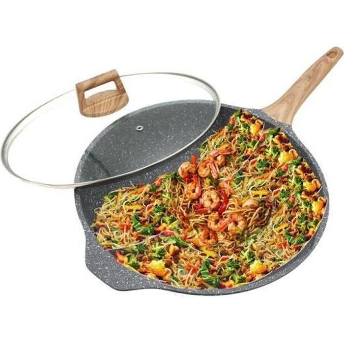Poêle wok induction avec couvercle en verre - manche effet bois