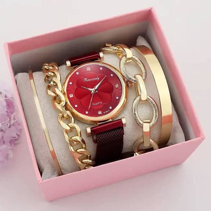 SHARPHY Coffret montre femme + bracelets - quartz bracelet en acier rouge élégant mode cadeau danniversaire