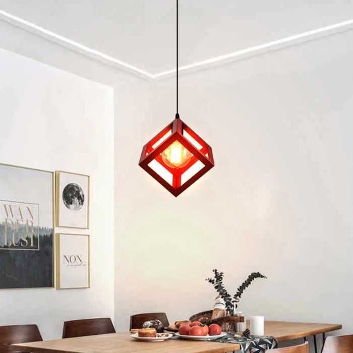 SNO Lustre Cube Ø16cm Rouge Lustr Industrielle Moderne - E27 Luminaire Vintage Suspension de Salon Salle a Manger