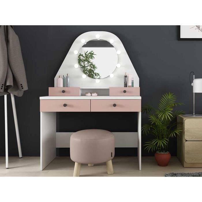coiffeuse - vente-unique - gabriela - miroir à leds - 4 tiroirs de rangements - style vintage - blanc et rose