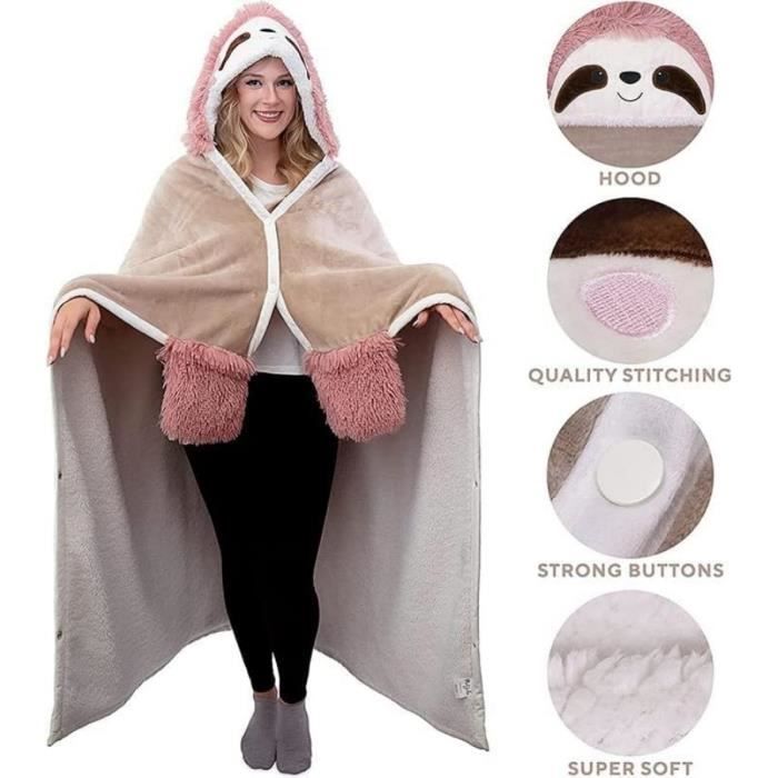 Couverture à Capuche Paresseux - Flanelle Douce - 152 X 125 Cm - Cadeau Femme Anniversaire Ou Noël