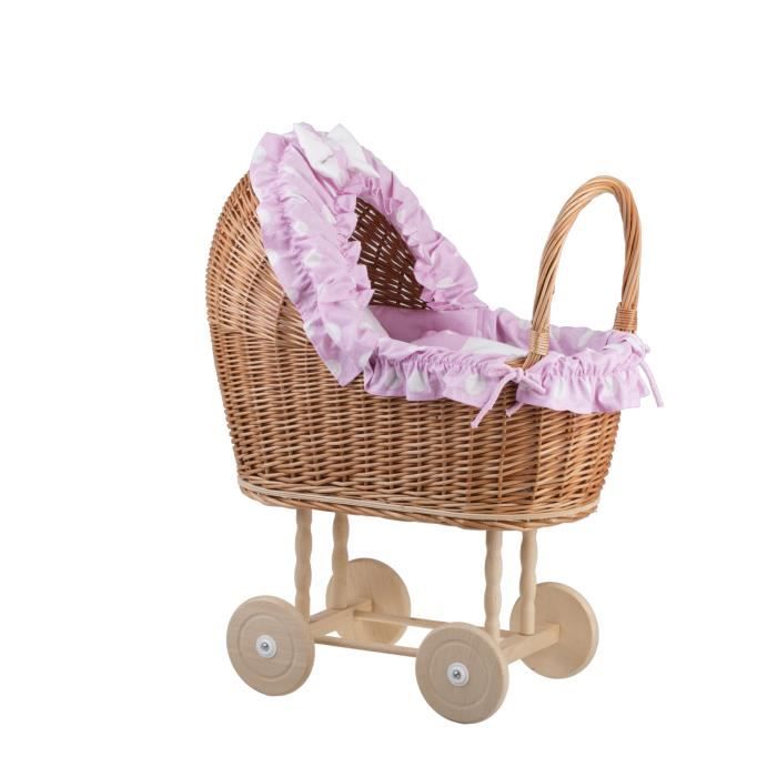 E-wicker24 Landau-Poussette + Berceau En Osier Pour Poupée – Ensemble Rose, Tressé Main, Compatible Poupées 40 Cm