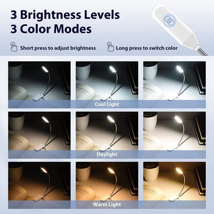 Lampe de Lecture Rechargeable,Liseuse Lampe Clip 9 LED,Gradation  Progressive & 3 Modes de Couleur (Blanc Froid&Chaud)[2] - Cdiscount Maison
