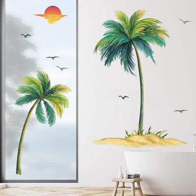 Stickers Muraux Déco Tropical - Feuilles Palmier & Oiseaux - 3 Panneaux 30x90cm - Salon Chambre Bureau