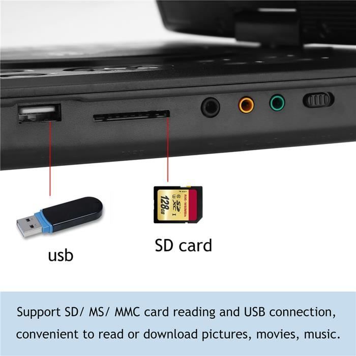 Lecteur DVD Portable de 9,8 Pouces avec écran pivotant, Moniteur LCD 16: 9  Mobile Récepteur TV FM Compatible AV/USB/SD/MS/MMC, Décodeur Dolby DTS